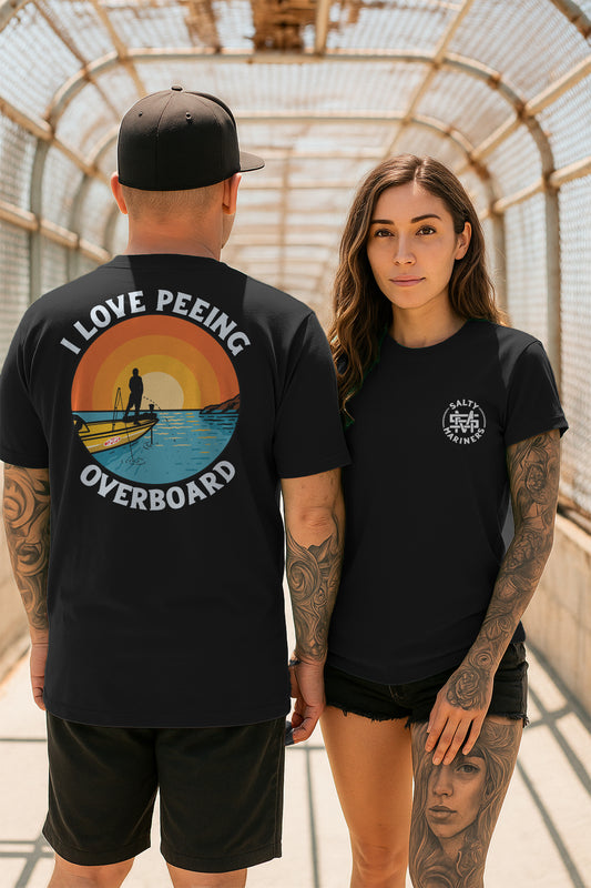 Model wearing bass fishing shirt on boat – funny fishing apparel for salty anglers