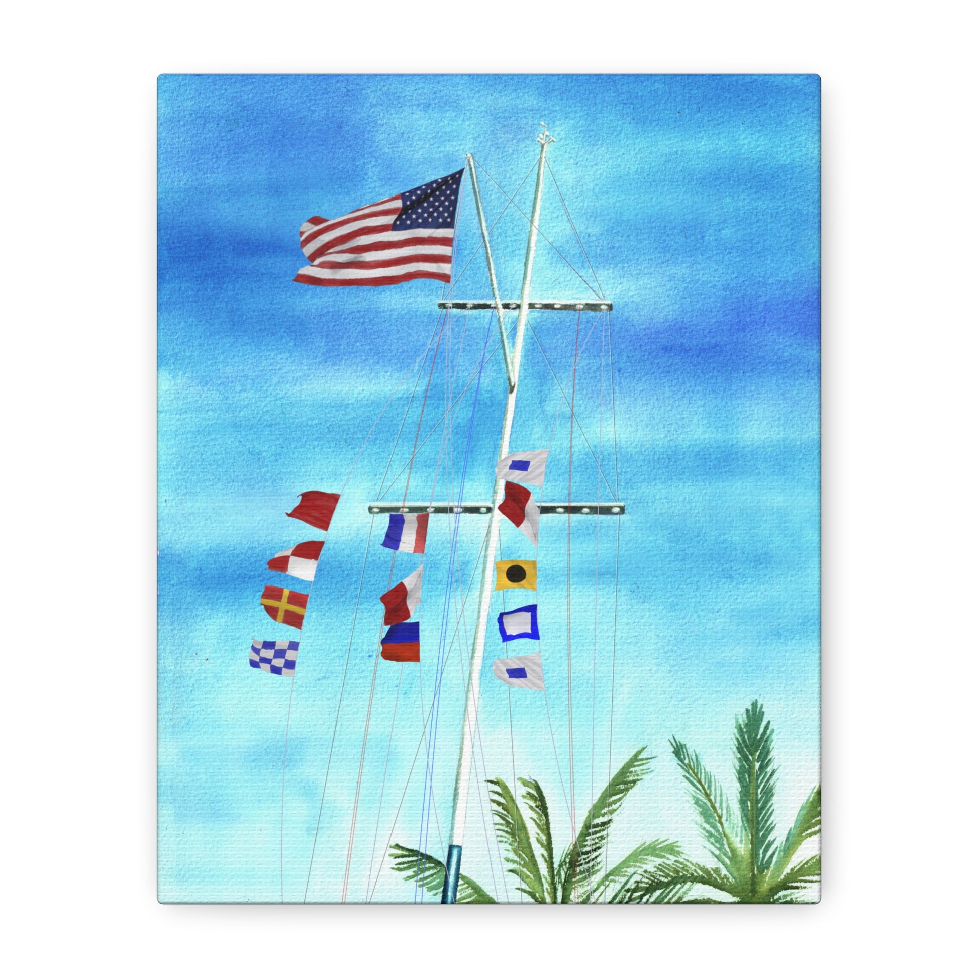 Front view of nautical flag wall art spelling Burn the Ships – tropical sailing decor for coastal homes