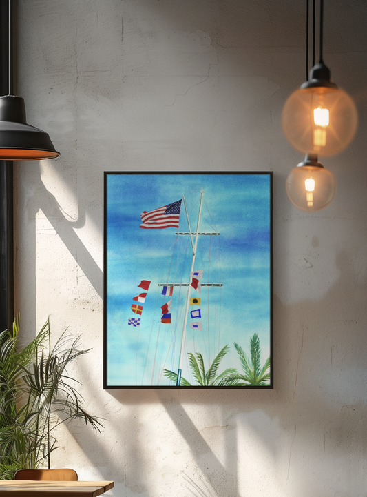 Burn the Ships nautical flag wall art in coastal-style room, with sailboat flagpole and tropical sky background