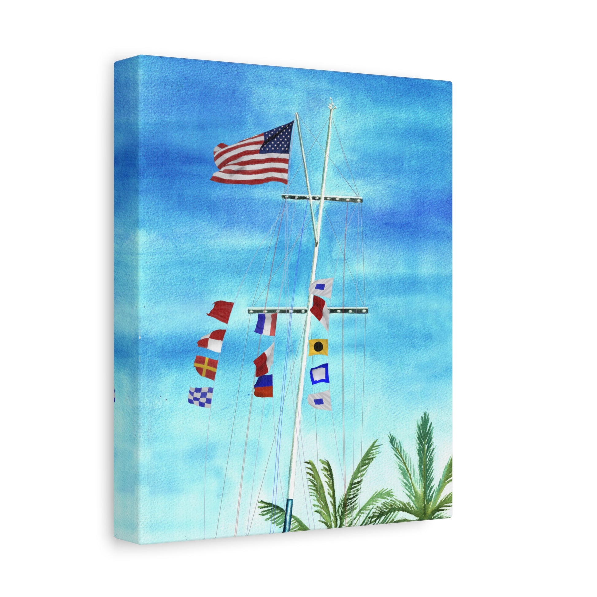 Side view of Burn the Ships maritime flag wall art – coastal nautical print with bold meaning