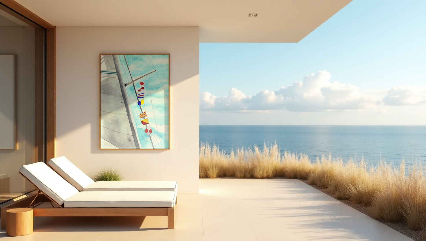 Nautical flag art with secret message “Fuck You” – flags flying from a sailboat spreader, wind-blown and styled for coastal home decor
