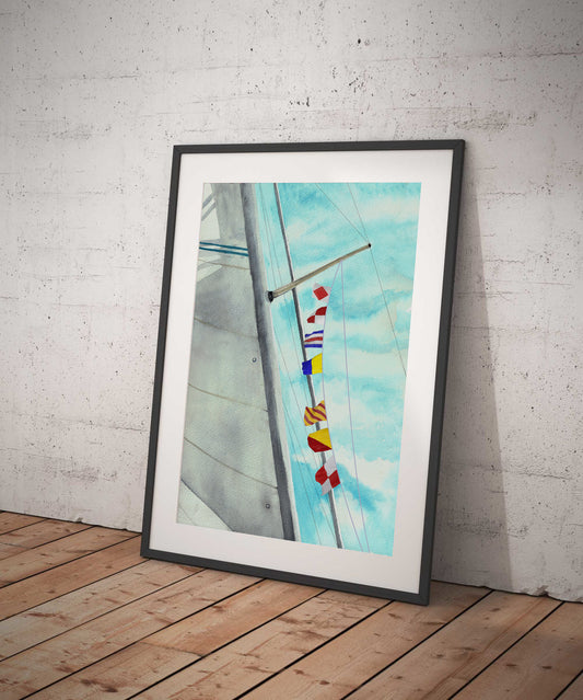 Funny nautical wall art – “Fuck You” maritime signal flags displayed on a sailboat spreader, flying parallel to the mast in modern setting