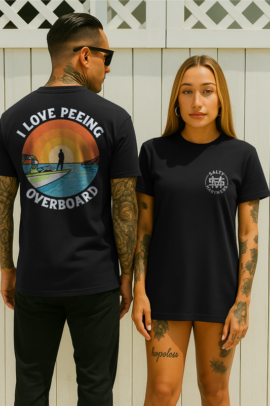 Models wearing Salty Mariners wake boat shirt on the dock – boating humor apparel