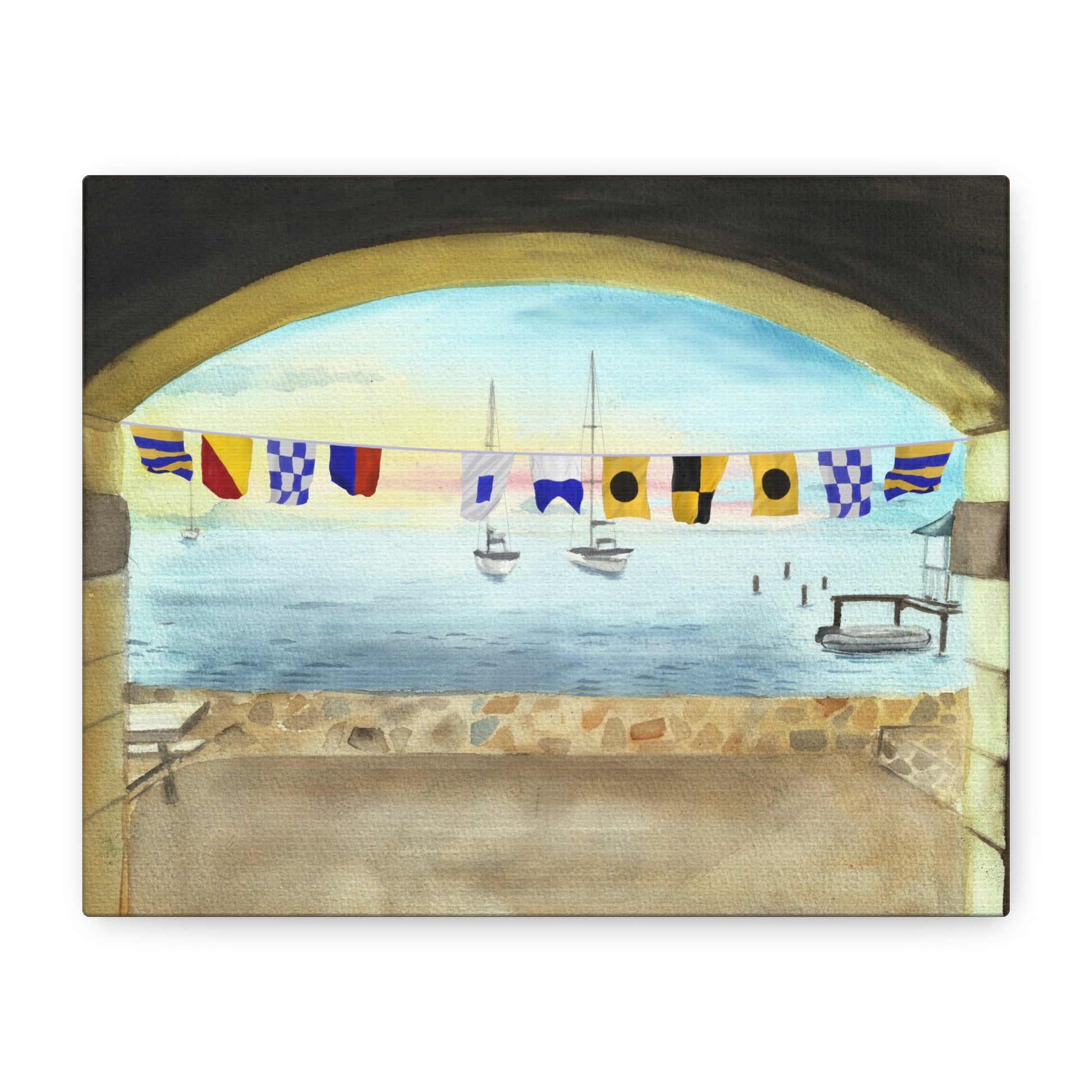 Front view of Gone Sailing maritime flag wall art – nautical signal flags strung across coastal pillars