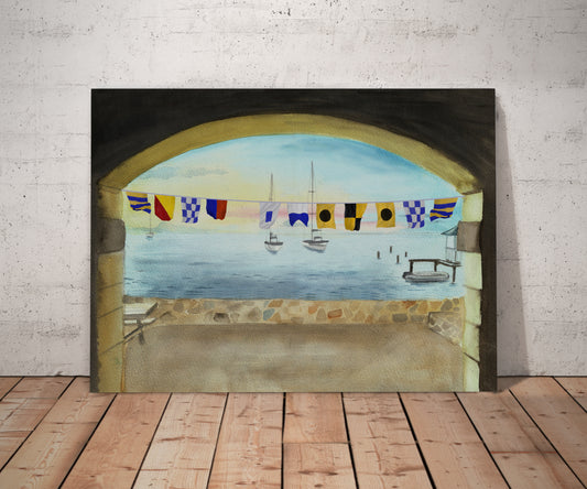 one Sailing nautical flag wall art hanging in a coastal room, sailboat and marina scene from Port Royal background