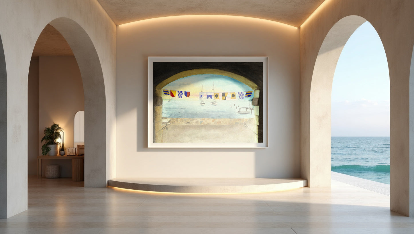 Maritime wall art with Gone Sailing message displayed in home decor scene with tropical ocean and dock setting