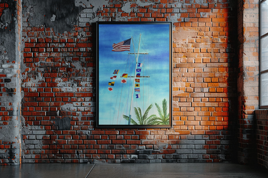  Maritime wall art spelling Gulf of America with signal flags – displayed in modern home decor with palm tree and flagpole sky view