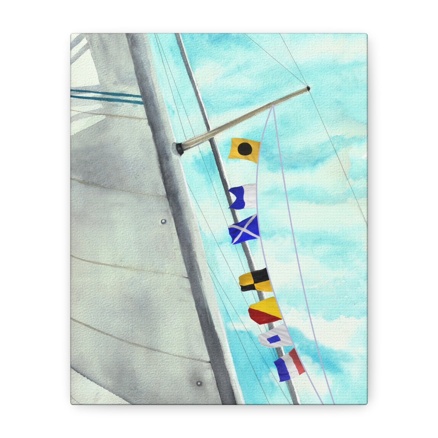 Front view of nautical signal flag art spelling I Am Lost – sailing wall decor with bold coastal message