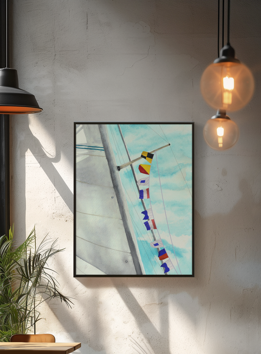 Lost at Sea nautical flag wall art hanging in coastal room, with sailboat spreader and sky background