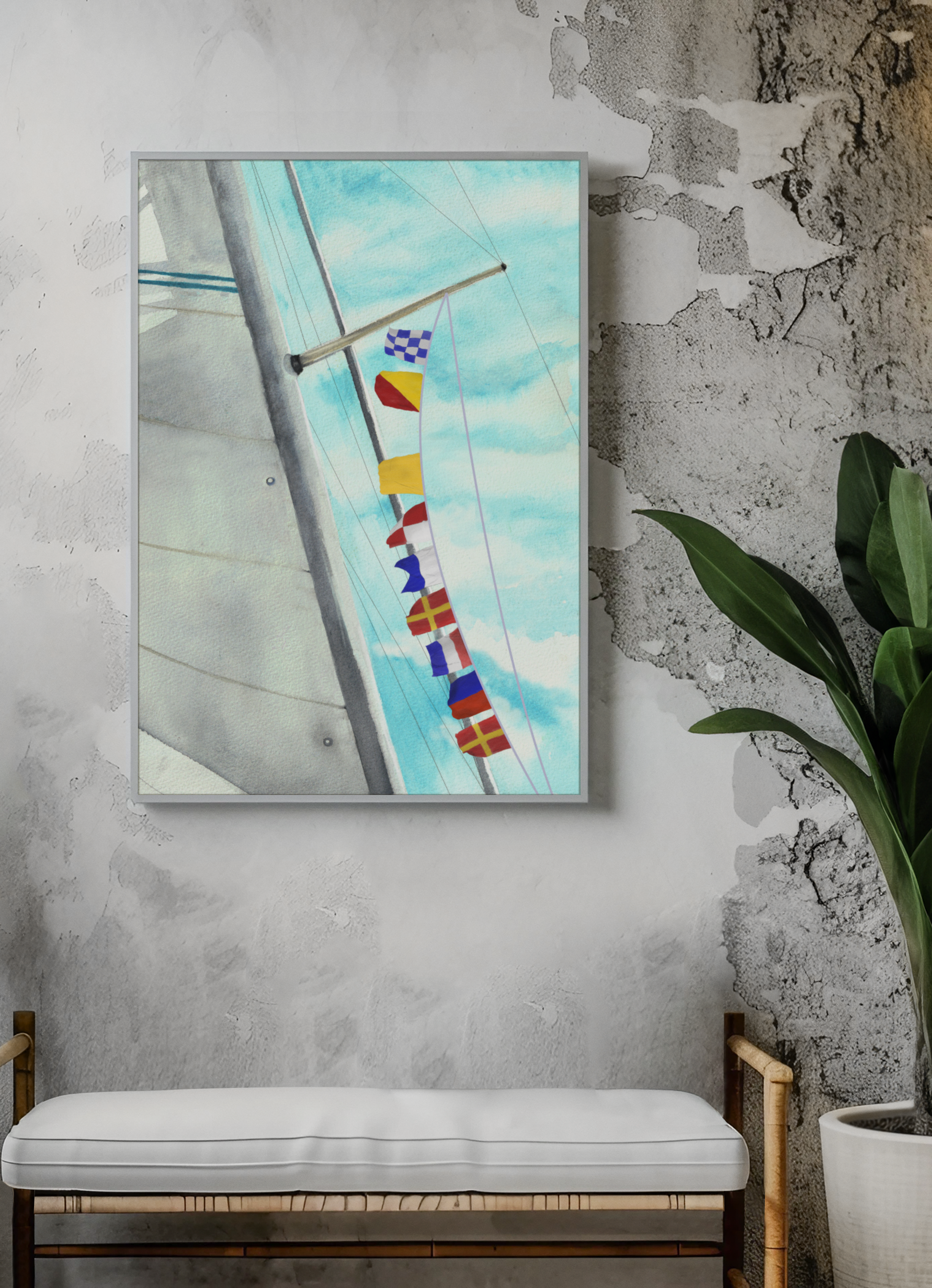No Quarter nautical flag wall art displayed in coastal room, featuring flags flying from sailboat spreader