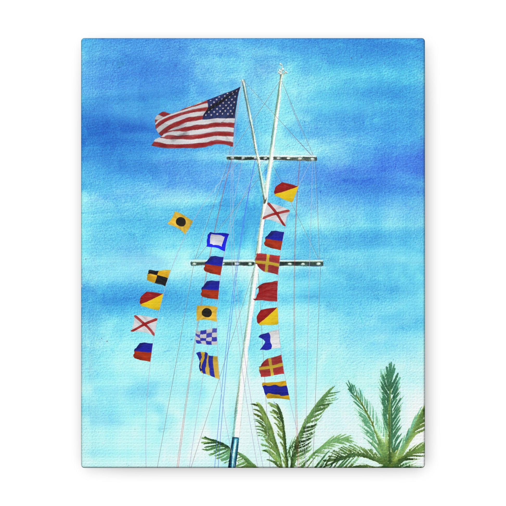 Front view of maritime flag artwork spelling I Love Peeing Overboard – nautical signal flag print on white background
