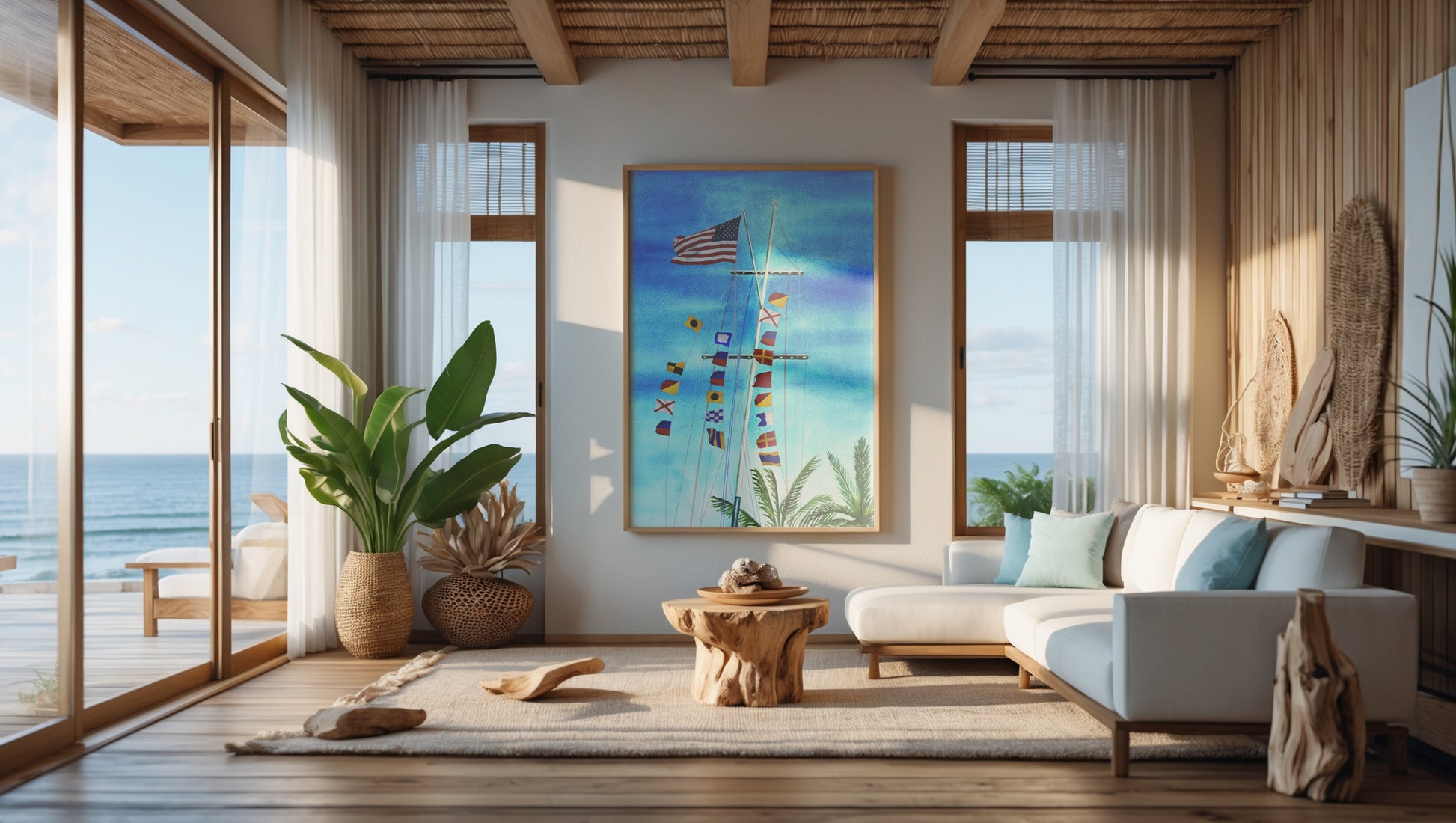 Maritime flag wall art with humorous hidden message displayed in tropical coastal room – flagpole background with palm trees