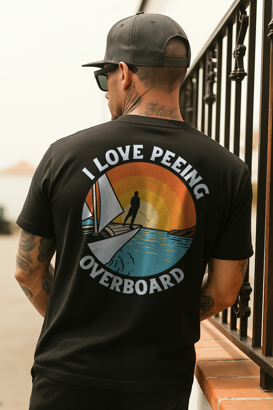 Model wearing sailboat shirt on deck – funny sailing apparel