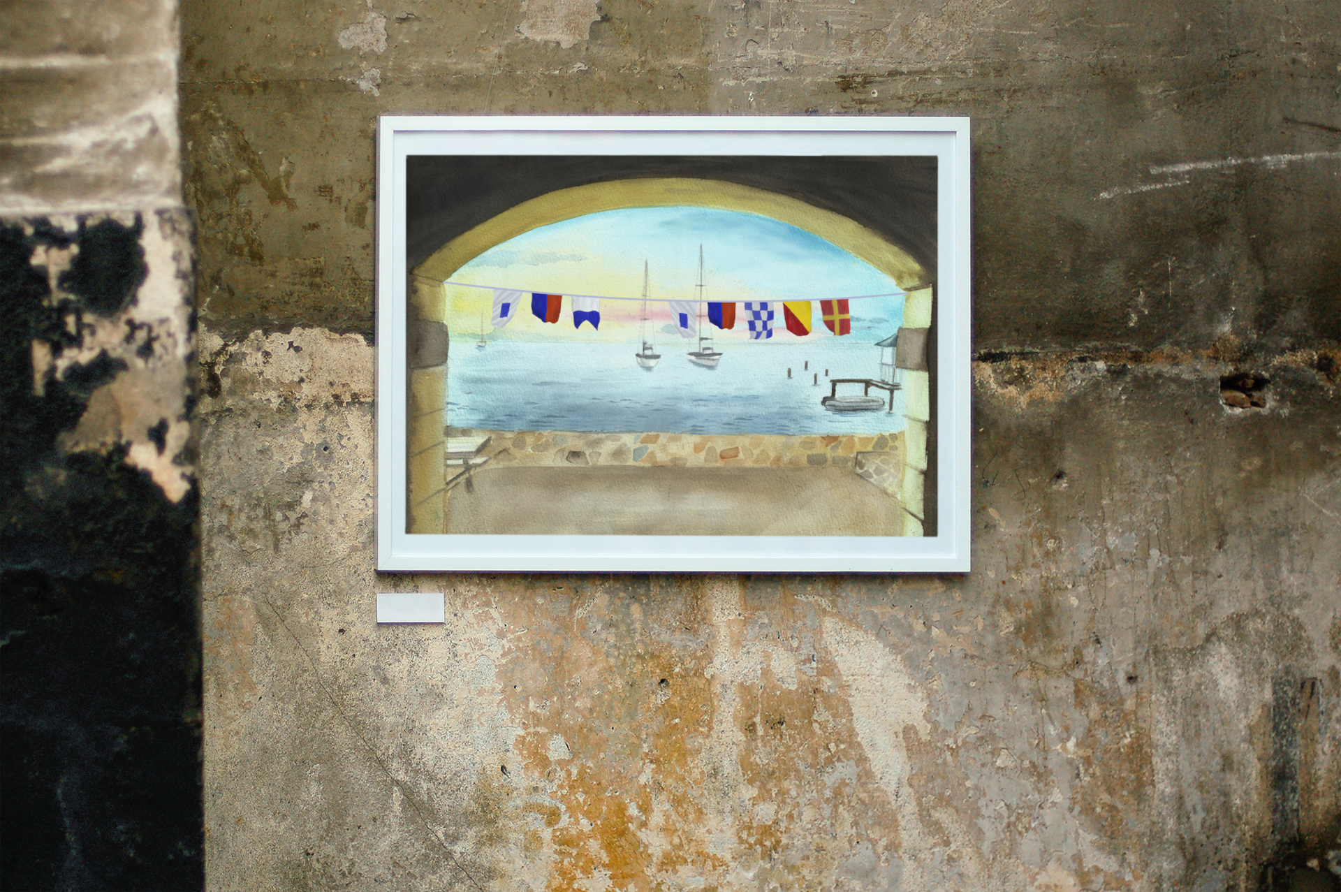 Sea Señor nautical flag wall art displayed in tropical home with Port Royal-inspired marina background