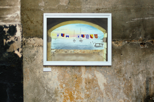 Sea Señor nautical flag wall art displayed in tropical home with Port Royal-inspired marina background