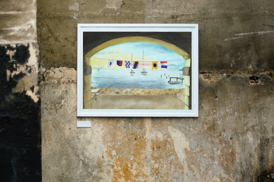Send It nautical flag wall art displayed in beachy coastal interior, featuring Caribbean marina scene
