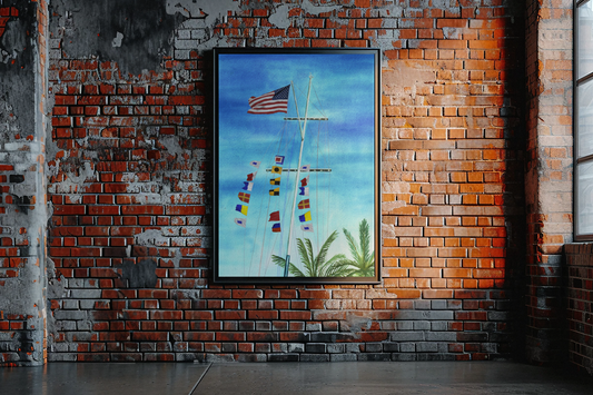 Coastal nautical flag wall art spelling Sharks Will Be Sharks, with tropical sky and palm tree flagpole background