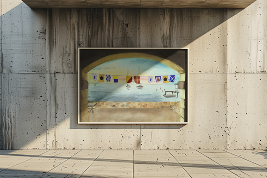 Sink or Swim nautical flag wall art displayed in a tropical room with Caribbean marina background and sailboats