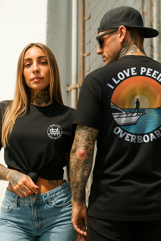 Model wearing sportfishing boat shirt by Salty Mariners – lake life apparel