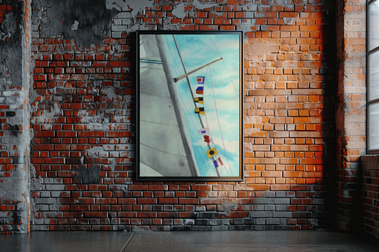 Well Shit nautical flag wall art hanging on a coastal room wall with sailboat spreader and sky background